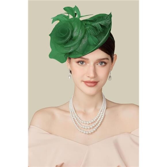 Kentucky Fascinator Derby Pillbox Hat Mesh Feathers Green - Picture 4 of 5